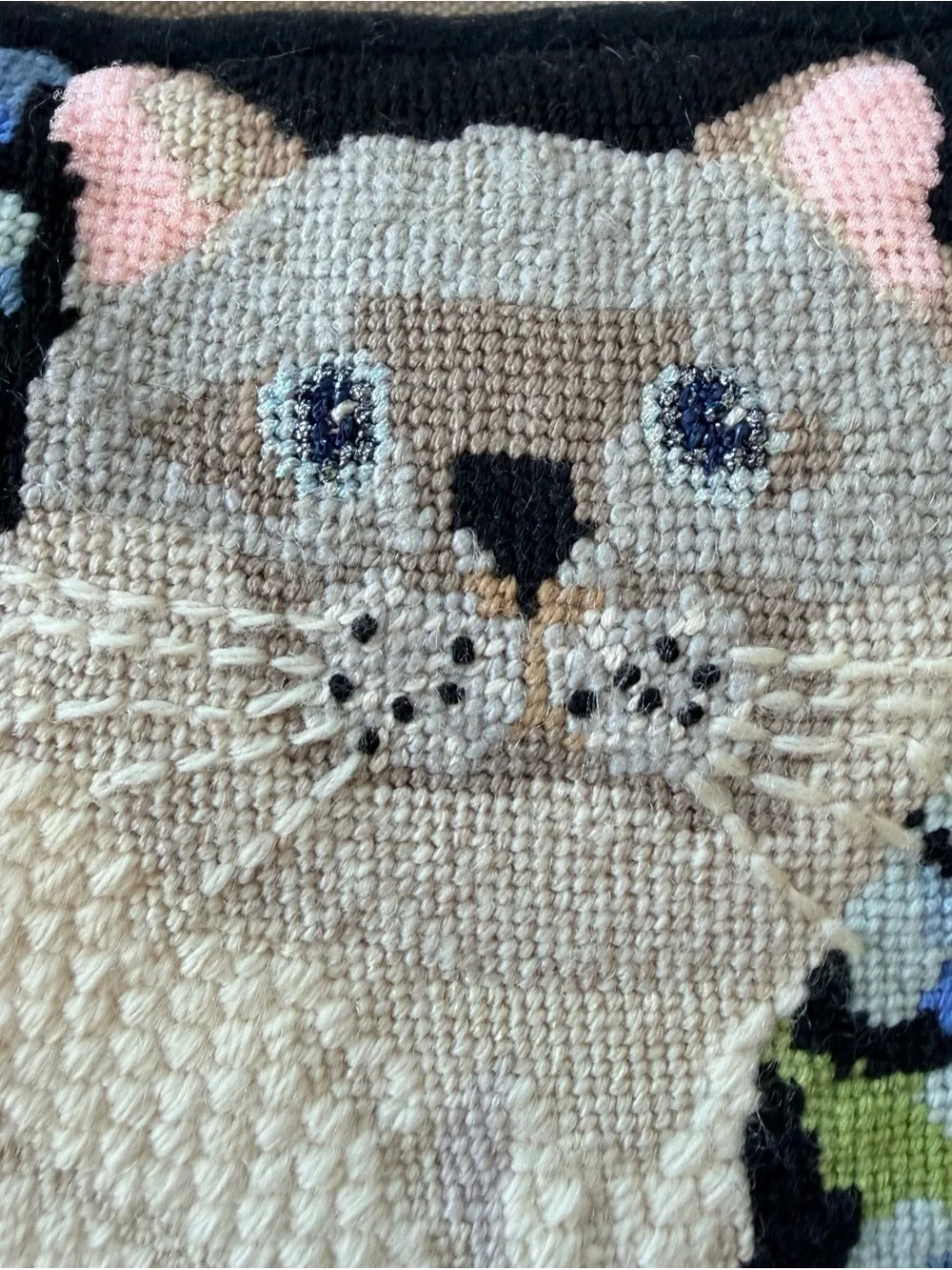 VTG handmade cat pillow needlepoint embroidery 12